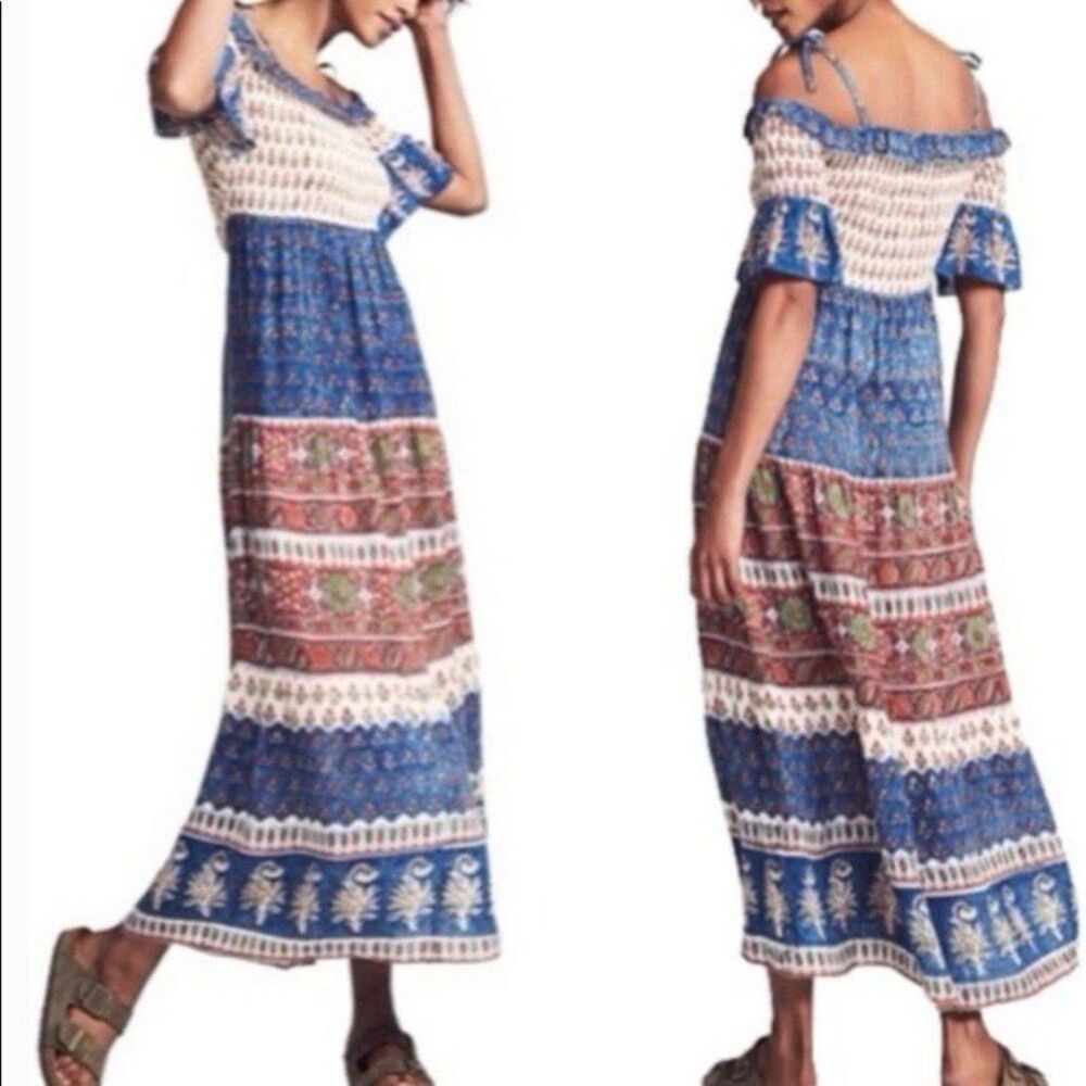 Faherty Boho Off Shoulder Crochet Maxi Dress Kapu Beach Print Womens M